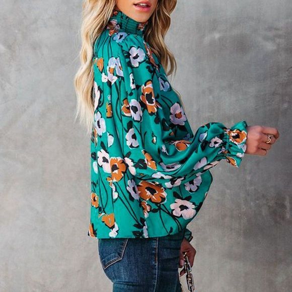 Floral Print Smocked Mock Neck Blouse - Picture 4 of 5